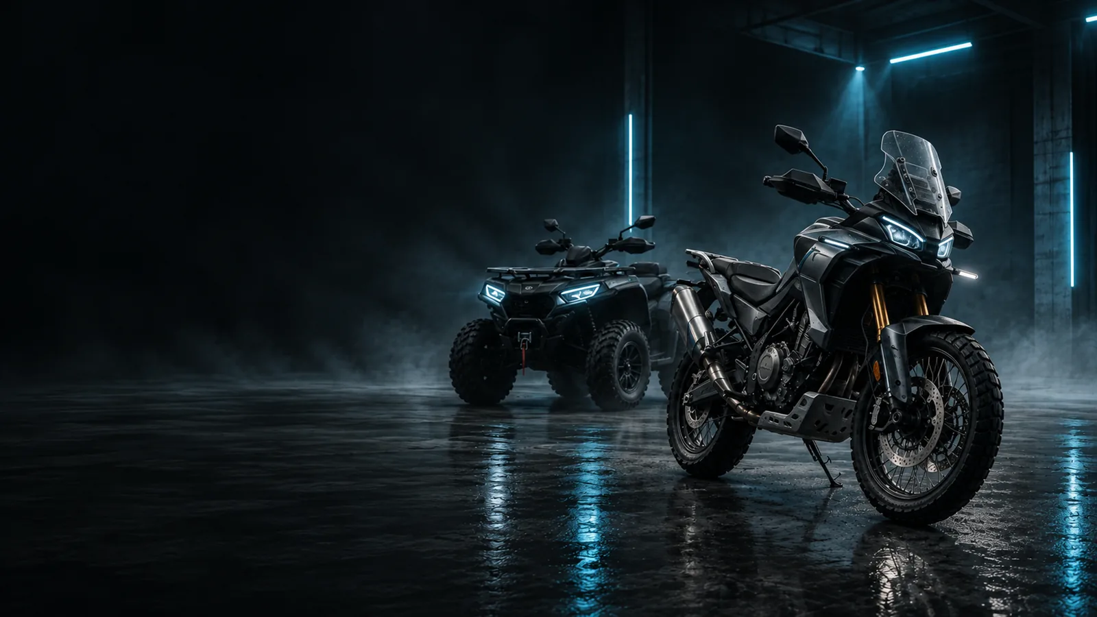 Black CFMOTO trail bike and quad in a dark hangar lit in blue