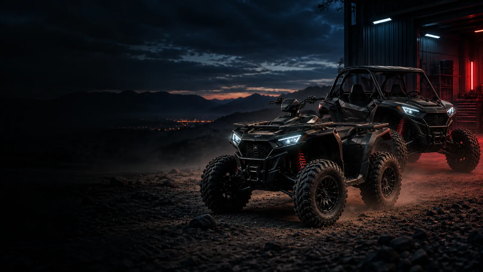 Quadriciclo e SSV Polaris pretos diante de uma oficina PNP TUNE ao anoitecer